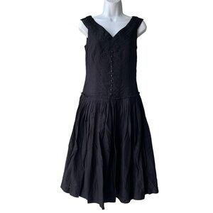 PERUVIAN CONNECTION Midi Dress Women’s 6 Black Gothic Whimsy Lace Trim Pleats